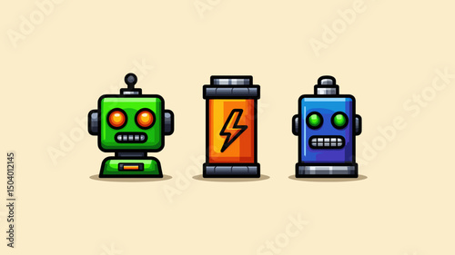 Colorful cartoon robots and batteries displayed against a plain background showcasing creativity and imagination in design