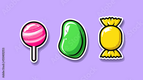 Colorful assortment of candy including lollipop, jelly, and wrapped sweet on a purple background