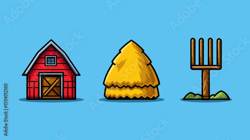 Colorful barn, haystack, and pitchfork illustration set against a bright blue background