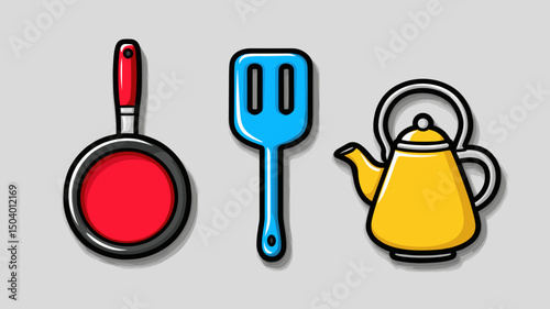 Kitchen utensils depicted in vibrant colors on a gray background showcasing a sieve, spatula, and kettle