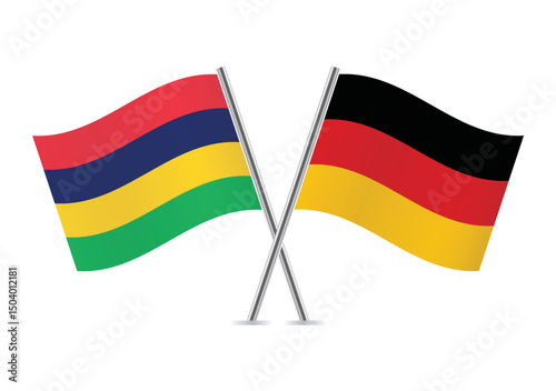 Mauritius and Germany crossed flags. Mauritian and German flags on a white background. Vector icon set. Vector illustration.