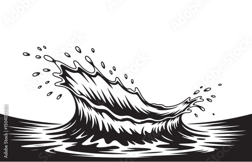 Black and white illustration of a water splash with droplets, symbolizing movement and energy