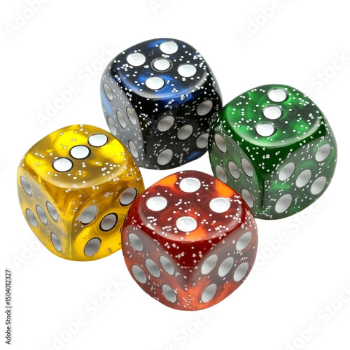 Colorful dice game set four cubes gambling luck chance red fun blue risk on transparent background