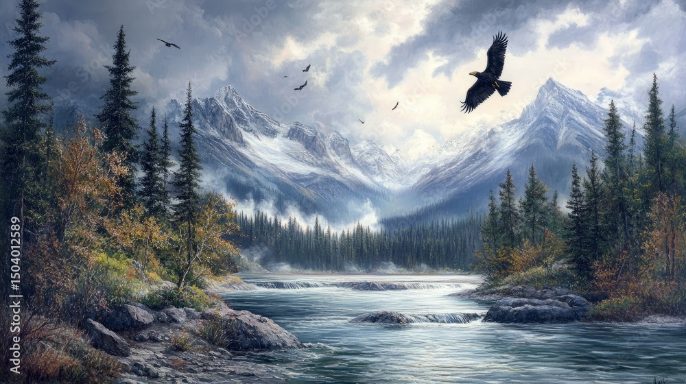 Naklejka premium Majestic bald eagles in the wild soaring over the scenic wilderness of british columbia with mountains and forest background in natural habitat