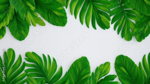 Lush Green Tropical Leaves Frame  White Background  Nature Pattern  Botanical Design