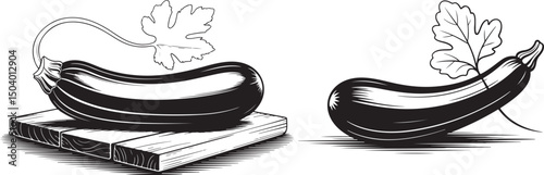 Black and white illustration of two eggplants resting on a wooden surface, with leaves attached
