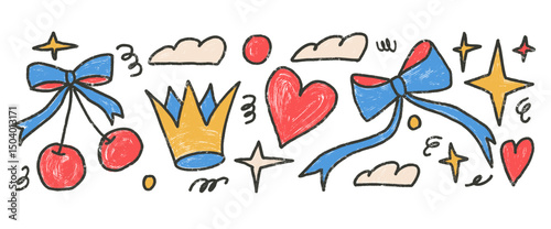 Kids graphic shapes crayon drawn set. Naive multi colors doodle stickers figures on white background. Crown, cherry, heart and bow with geometric forms sketch elements. Vector illustration by pencil.
