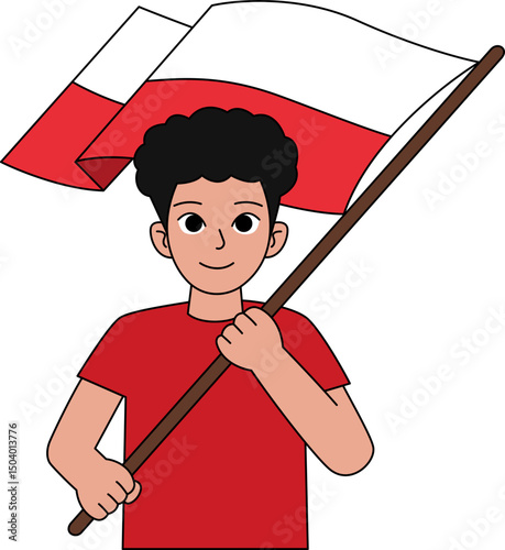 A young man dressed in red is holding the Poland flag - outline
