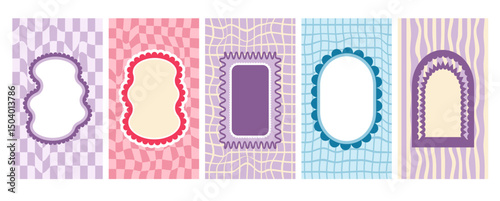 Retro funky arch and geometric frames with groovy checkerboard background. Set of fun vintage colors borders with scallop edges. Text boxes oval, rectangle templates. Vector illustration.