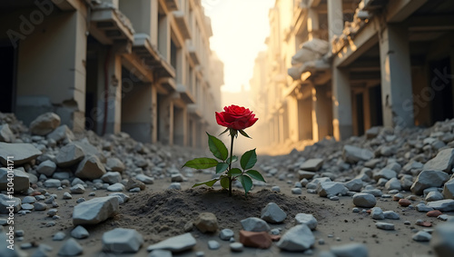 Red Rose Growing in War-Torn  ruins abandoned Destroyed Cityscape buildings


