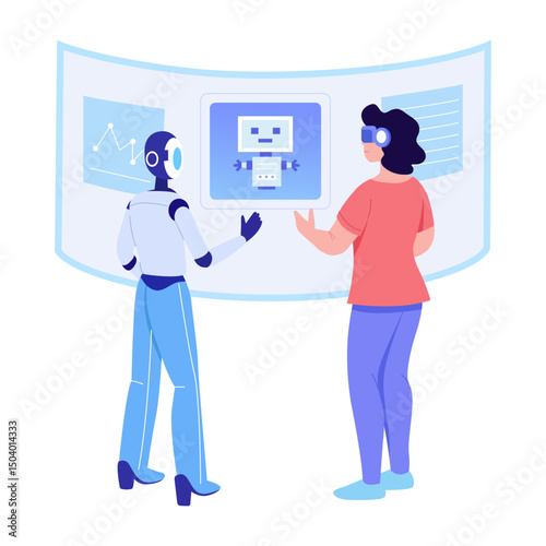 A flat style illustration showing a person talking with robot assistant