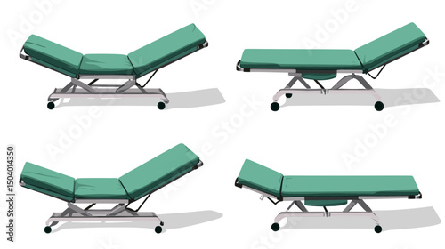 Adjustable Green Medical Examination Table in Various Positions for Healthcare Settings