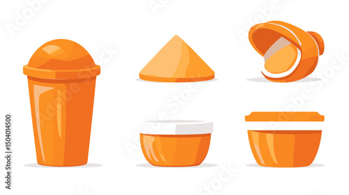 Assorted Orange Kitchen Containers Including Cups, Bowls, and Cones on a White Background