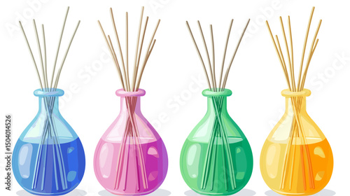 Assorted Glass Bottles of Colorful Scent Diffusers with Aromatic Reeds on White Background