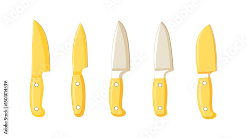 Assorted Set of Five Kitchen Knives with Yellow Handles for Culinary Preparation