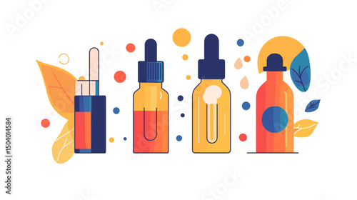 Assortment of Colorful Cosmetic Serum Bottles with Droppers and Leaf Accents on White Background