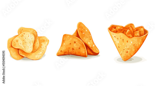 Assortment of Crispy Fried Snacks Including Triangle Tortilla Chips and Flaky Crisps