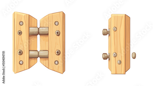 Close-Up View of a Wooden Hinge Mechanism with Metallic Fasteners on Light Background