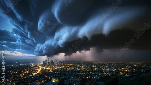 Dramatic Storm Clouds Over City Skyline: A Night View of Los Angeles at Dusk