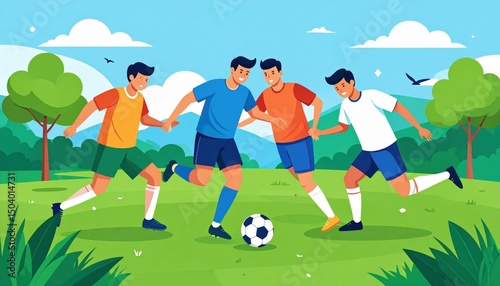 Four Soccer Players Enjoying a Match in Park