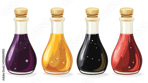 Collection of Colorful Bottles with Different Liquids in Vintage Style on White Background