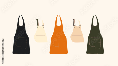 Collection of Colorful Kitchen Aprons in Various Shades on Neutral Background