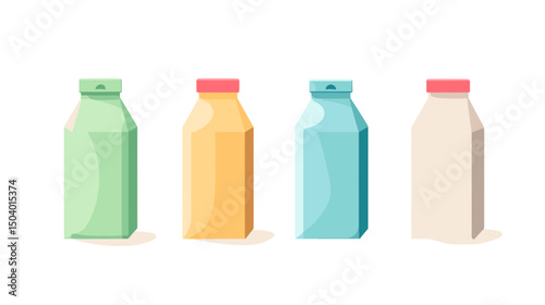 Collection of Colorful Milk Bottles in Various Colors and Shapes on a White Background