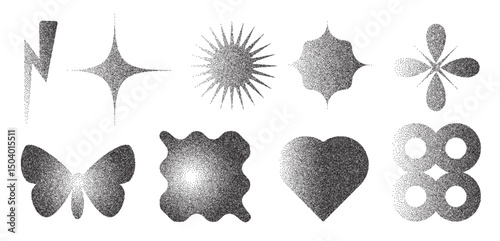 Geometric figures with grain noise gradient texture. Y2k retro stippling forms set. Butterfly, heart and star, lightning, flower icons on white background. Vector gritty monochrome illustration.