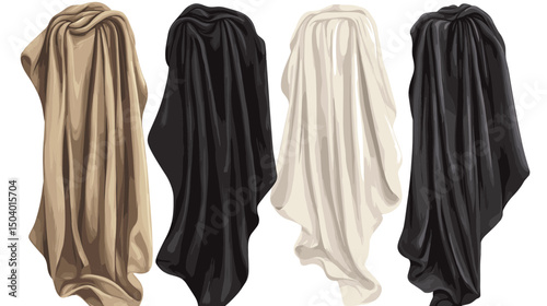 Collection of Draped Fabrics in Various Colors Including Beige, Black, White, and Cream