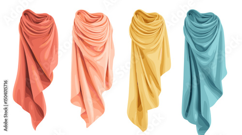 Collection of Draped Fabrics in Soft Earthy Tones and Bright Blue against a White Background
