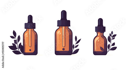 Collection of Elegant Glass Bottles with Essential Oils Surrounded by Green Leaves