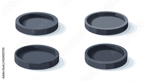 Collection of Empty Dark Circular Plates in Different Angles on a Clean Surface