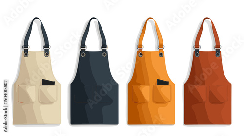Collection of Four Colorful Aprons in Various Styles Displayed on a White Background