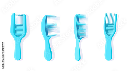 Collection of Four Blue Hair Combs in Various Shapes and Styles on a Clean Background