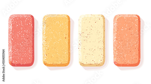 Collection of Four Colorful Pastel Soap Bars Arranged on a Bright Background with Soft Shadows