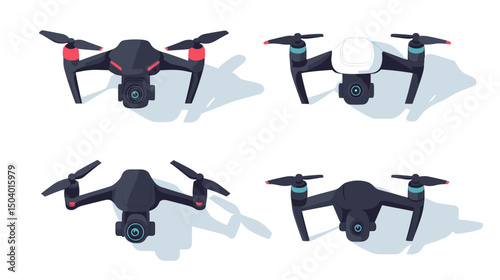 Collection of Four Different Drone Designs Displaying Various Features and Colors in Flat Style