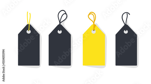 Collection of Four Colorful Tags in Yellow and Black for Price Labeling and Branding