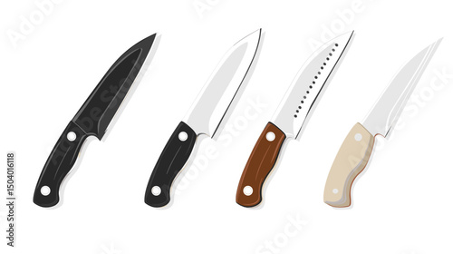 Collection of Four Knives with Different Designs and Handles for Culinary Use