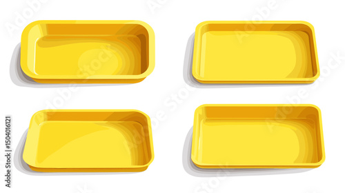 Collection of Four Rectangular Yellow Trays for Kitchen and Dining Use on a White Background