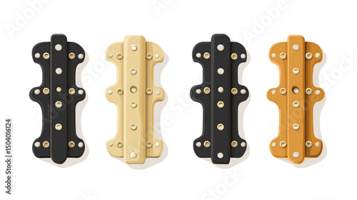Collection of Four Metal Hardware Components in Black, Gold, Brown and Beige Color Variations