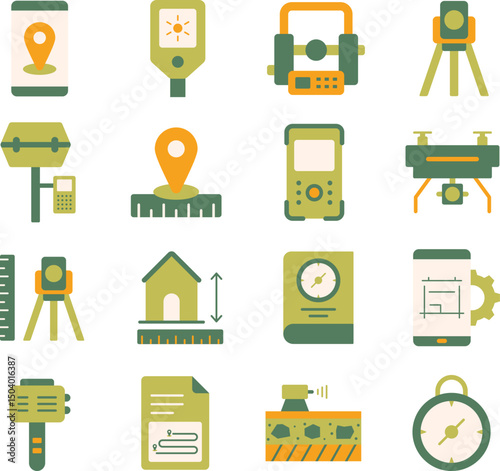 Geodetic Survey illustration set. Includes of surveying, land survey, GPS, mapping, topography, and More. Vector flat color collection