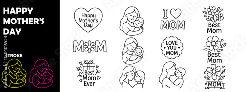 Happy Mother's Day Outline Vector – Hand Drawn Typography Design for Celebration