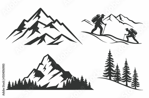 Vector illustration of a winter mountain landscape with Christmas trees, a ski silhouette, and holiday design art