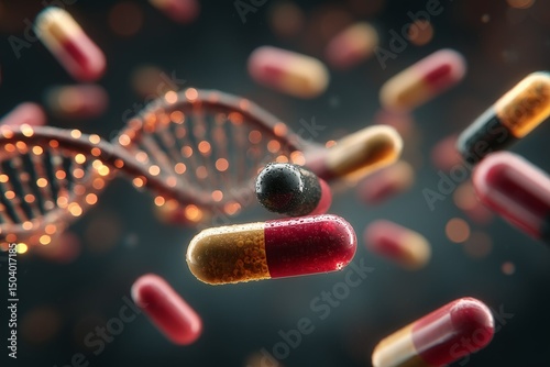 A hyper-detailed wallpaper of pharmaceutical capsules floating with DNA strands in the backdrop, symbolizing modern drugs and science.







