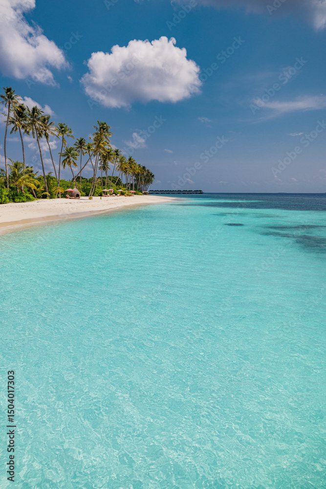 Fototapeta premium Relaxing artistic summer beach scene with palm shadows, pastel blue sky turquoise seascape. Tropical island landscape for dreamy escapes, creative visuals, tranquil vacation wallpaper. Sunny blue sky