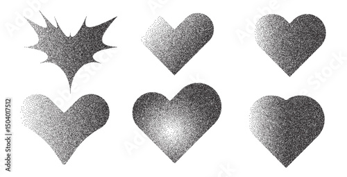 Hearts figures with grain noise gradient texture. Y2k retro stippling forms set. Differnt heart icons on white background. Vector gritty monochrome gradation shapes illustration.