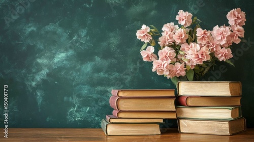 Vintage hardbound books arranged on distressed wooden tabletop, deep forest green chalkboard background, educational atmosphere, commercial photography, natural lighting, shallow depth of field,