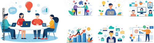 Collection set of business and entrepreneur concept flat illustration. Strategy, business marketing, planning and communication