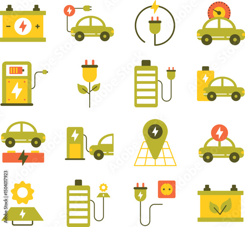 Electric Car illustration set. Includes of EV, electric vehicle, eco car, green vehicle, electric charging, charging station, and More. Vector flat color collection