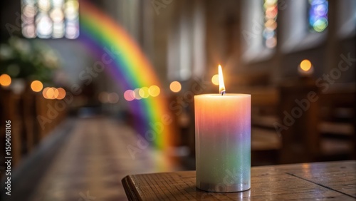 A colorful candle with a rainbow backdrop in a serene church setting.